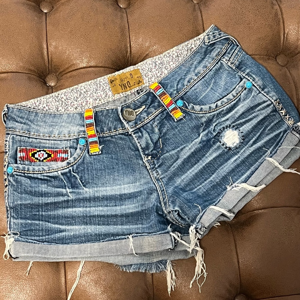24hr SALE 🔥 Distressed Blue Denim Women’s Shorts with Navajo Beaded Accents